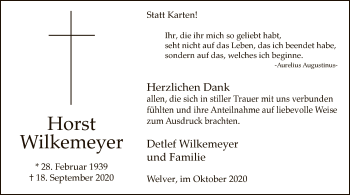 Todesanzeige von Horst Wilkemeyer von WA