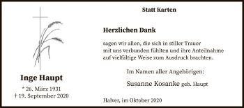 Todesanzeige von Inge Haupt von WA