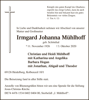 Todesanzeige von Irmgard Johanna Mühlhoff von WA