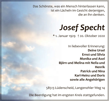 Todesanzeige von Josef Specht von WA