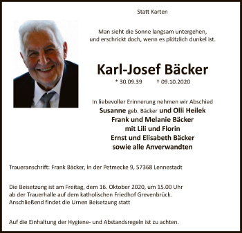 Todesanzeige von Karl-Josef Bäcker von WA