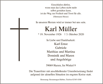 Todesanzeige von Karl Müller von WA