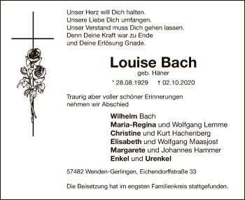 Todesanzeige von Louise Bach von WA