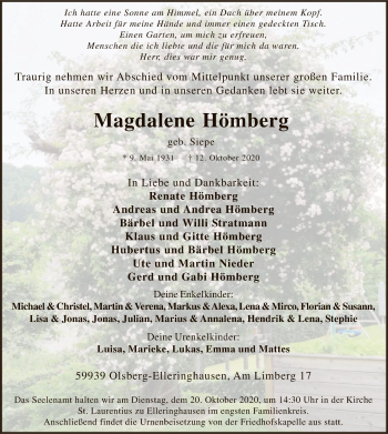 Todesanzeige von Magdalene Hömberg von WA
