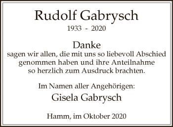 Todesanzeige von Rudolf Gabrysch von WA