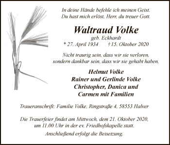 Todesanzeige von Waltraud Volke von WA