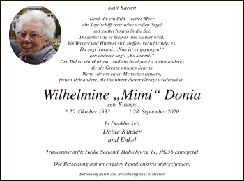 Todesanzeige von Wilhelmine Donia von WA