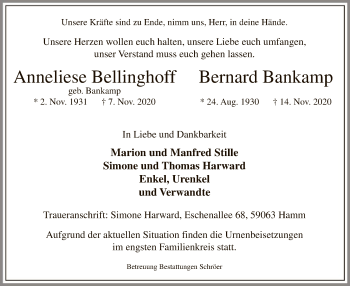 Todesanzeige von Anneliese und Bernard Bellinghoff von WA