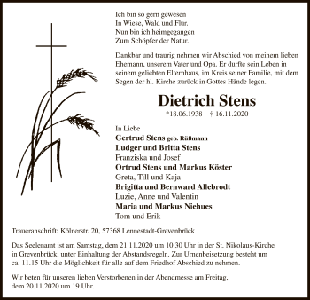 Todesanzeige von Dietrich Stens von WA