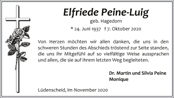 Todesanzeige von Elfriede Peine-Luig von WA