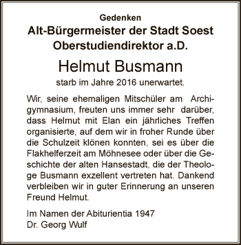Todesanzeige von Helmut Busmann von WA