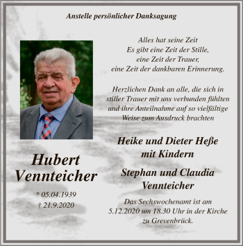 Todesanzeige von Hubert Vennteicher von WA