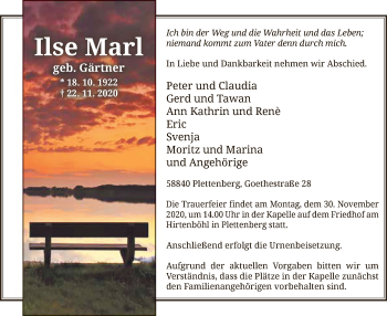 Todesanzeige von Ilse Marl von WA