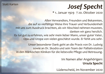 Todesanzeige von Josef Specht von WA