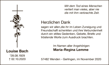 Todesanzeige von Louise Bach von WA