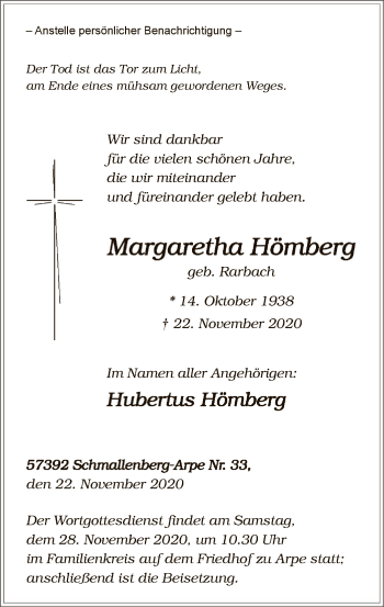 Todesanzeige von Margaretha Hömberg von WA