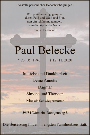 Todesanzeige von Paul Belecke von WA