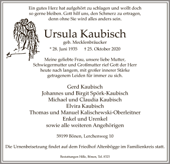 Todesanzeige von Ursula Kaubisch von WA