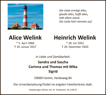 Todesanzeige von Alice und Heinrich Welink von WA
