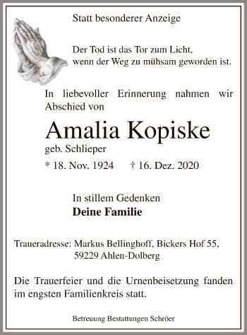 Todesanzeige von Amalia Kopiske von WA