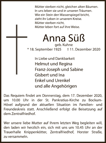 Todesanzeige von Anna Süß von WA