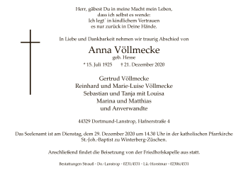 Todesanzeige von Anna Völlmecke von WA