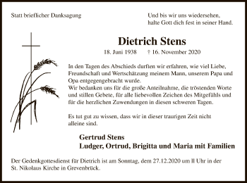 Todesanzeige von Dietrich Stens von WA