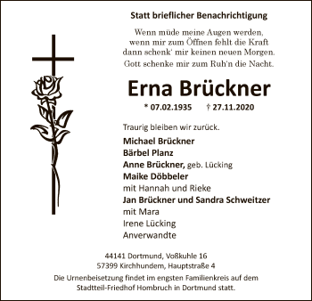 Todesanzeige von Erna Brückner von WA