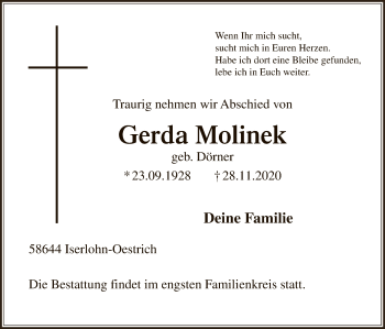 Todesanzeige von Gerda Molinek von WA