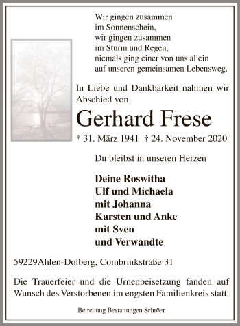 Todesanzeige von Gerhard Frese von WA