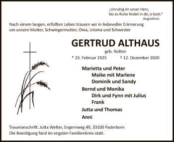Todesanzeige von Gertrud Althaus von WA