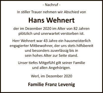Todesanzeige von Hans Wehnert von WA