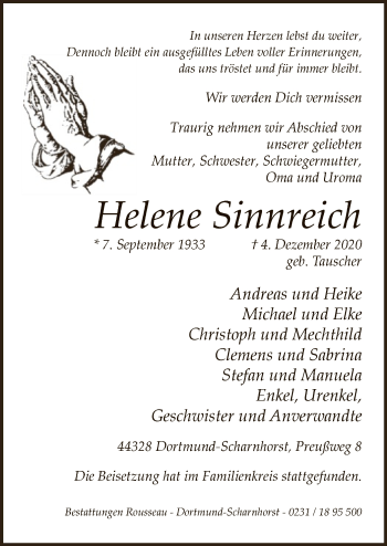 Todesanzeige von Helene Sinnreich von WA