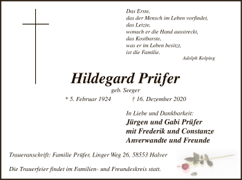Todesanzeige von Hildegard Prüfer von WA