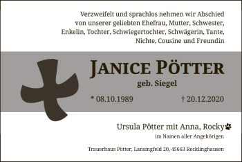Todesanzeige von Janice Pötter von WA