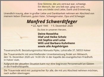 Todesanzeige von Manfred Schwerdtfeger von WA