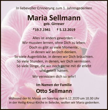 Todesanzeige von Maria Sellmann von WA