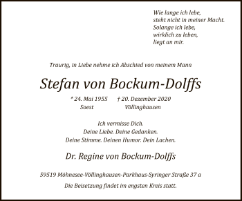 Todesanzeige von Stefan von Bockum-Dolffs von WA