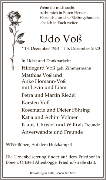 Todesanzeige von Udo Voß von WA