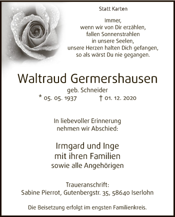 Todesanzeige von Waltraud Germershausen von WA