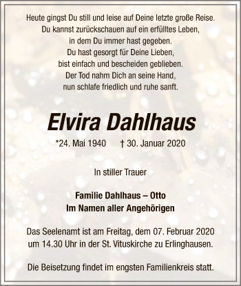Todesanzeige von Elvira Dahlhaus von MZV