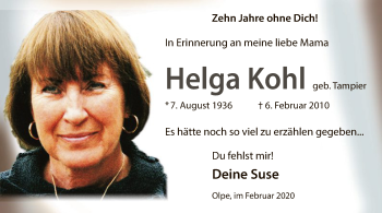 Todesanzeige von Helga Kohl von MZV