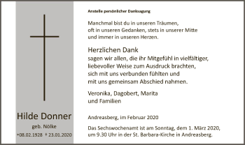 Todesanzeige von Hilde Doner von MZV