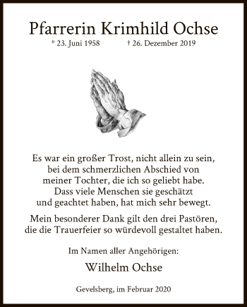 Todesanzeige von Krimhild Ochse von MZV