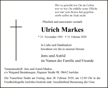 Todesanzeige von Ulrich Markes von MZV