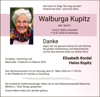 Todesanzeige von Walburga Kupitz von MZV