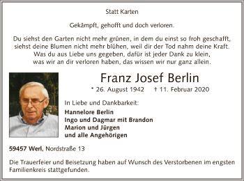 Todesanzeige von Franz Josef Berlin von MZV