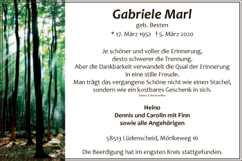 Todesanzeige von Gabriele Marl von MZV