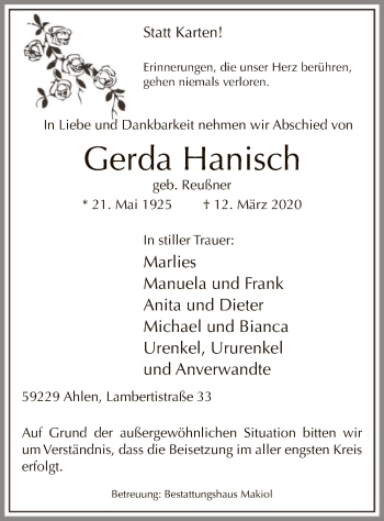 Todesanzeige von Gerda Hanisch von MZV