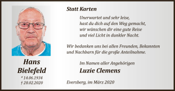 Todesanzeige von Hans Bielefeld Clemens von MZV